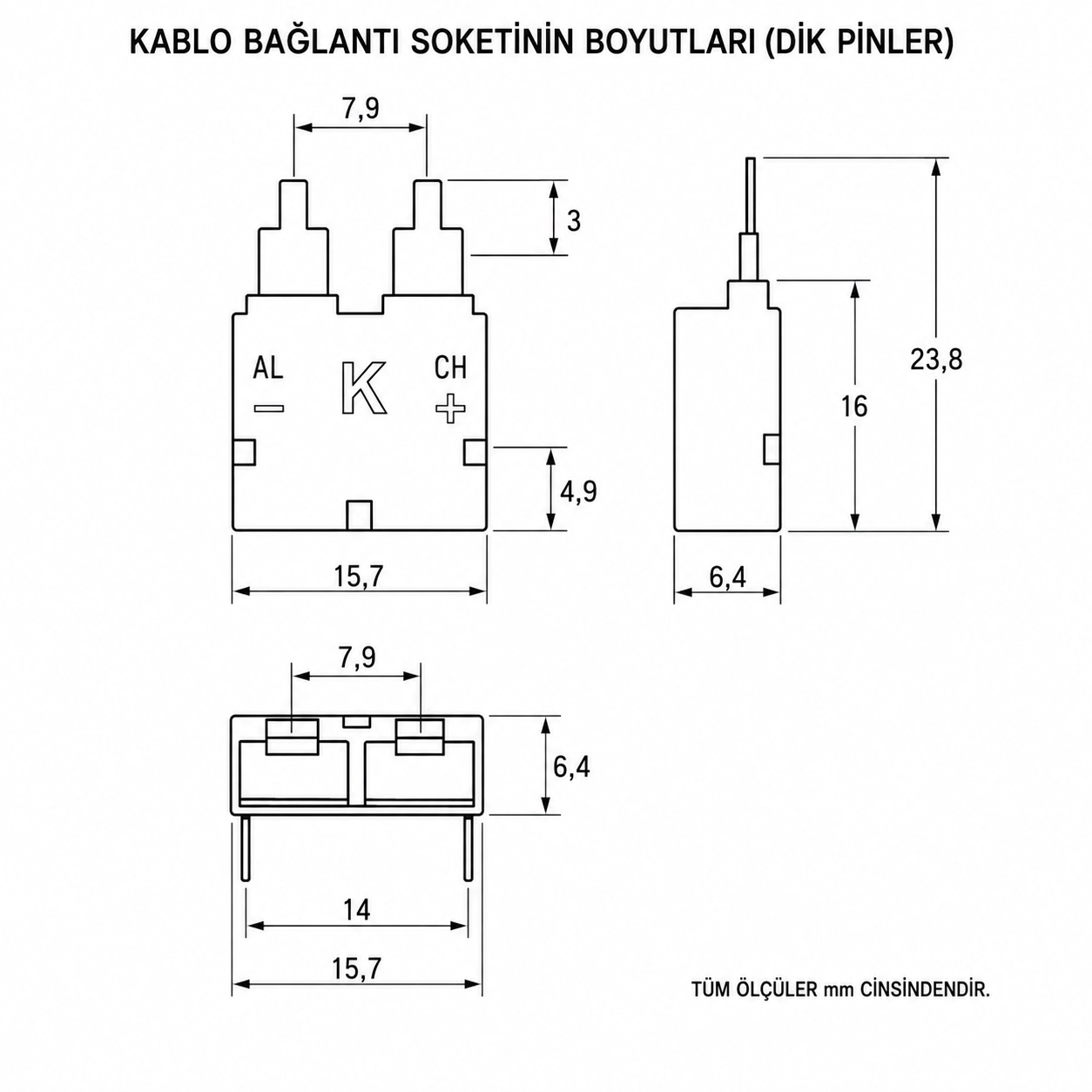 K (NiCr-Ni) Tipi PCB Kart Tipi Düz Termokupl Soketi